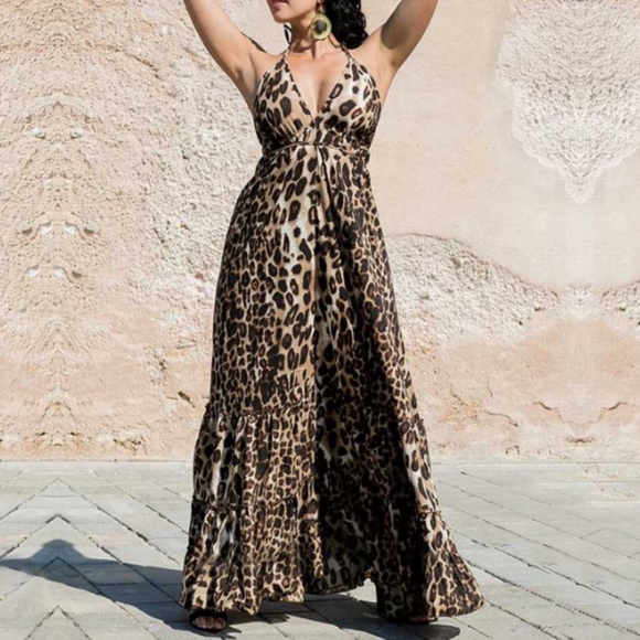 🌸LEOPARD DRESS ANIMAL PRINT MAXI LONG RUFFLE BOHO - Picture 7 of 8